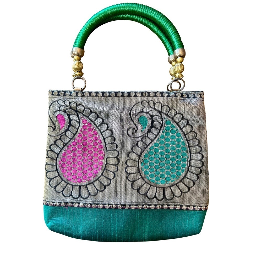 Green Silk Paisley Handbag Woven Bag with Wrapped Handle and Gold Accents